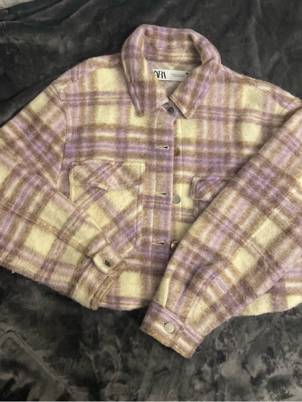 Zara Wool-Blend Lavender and Cream Plaid Cropped Shirt Jacket